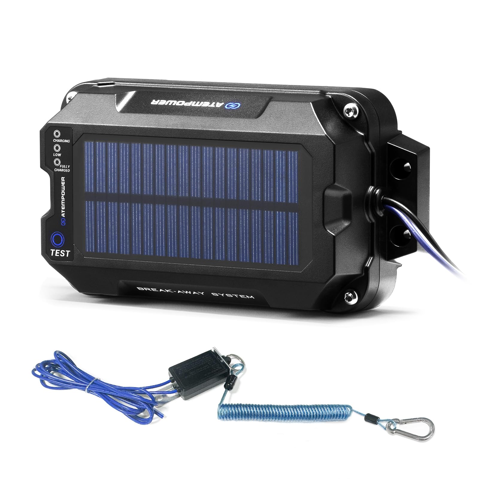 ATEM POWER trailer brake controller with solar panel maintains power on long trips.