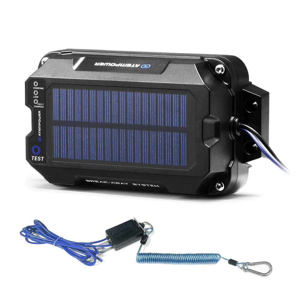 ATEM POWER trailer brake controller with solar panel maintains power on long trips.