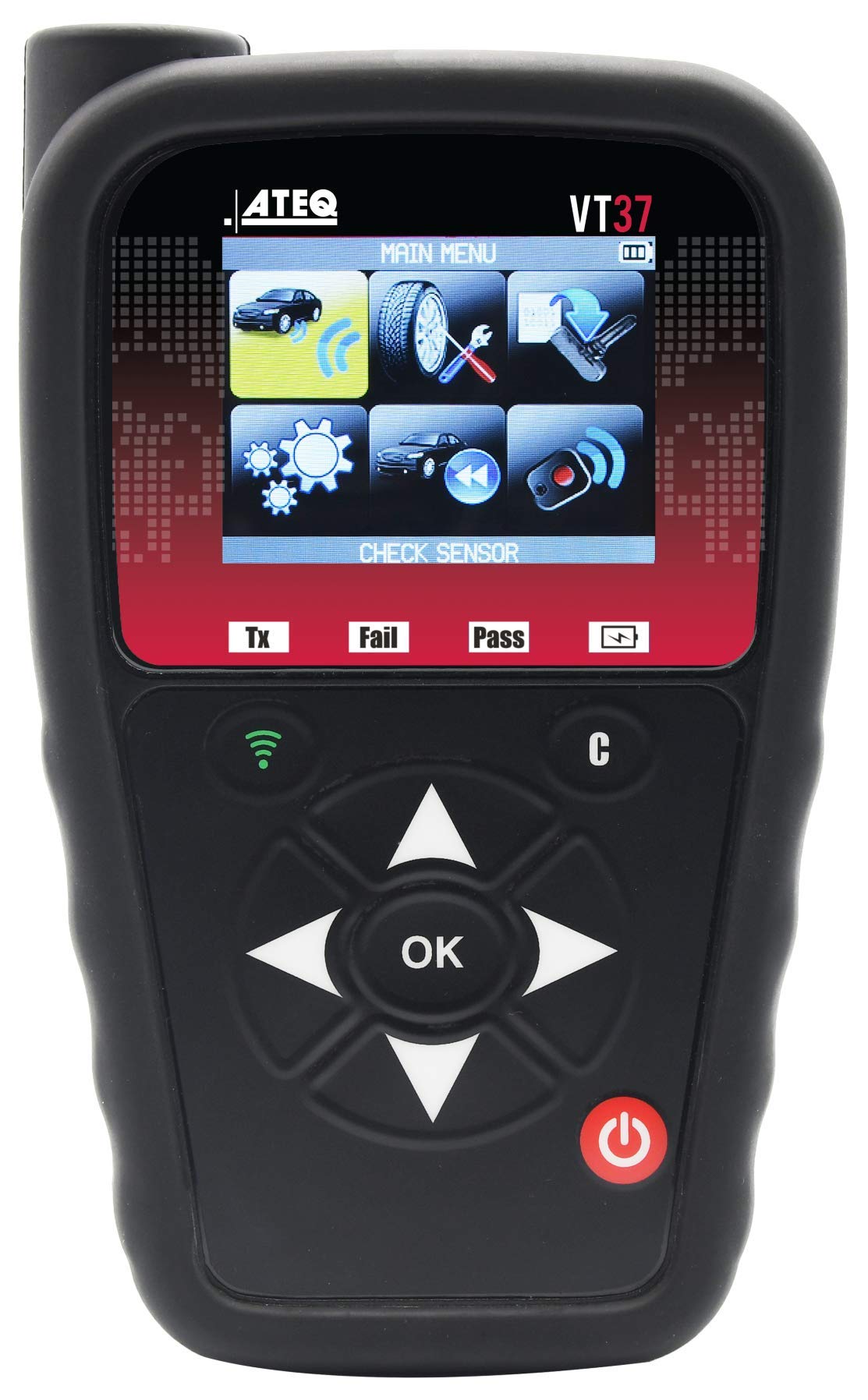 ATEQ VT37 sensor activation tool performing TPMS diagnostics and activation.