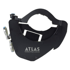 ATLAS Throttle Lock bottom kit installation close-up showing secure motorcycle mounting