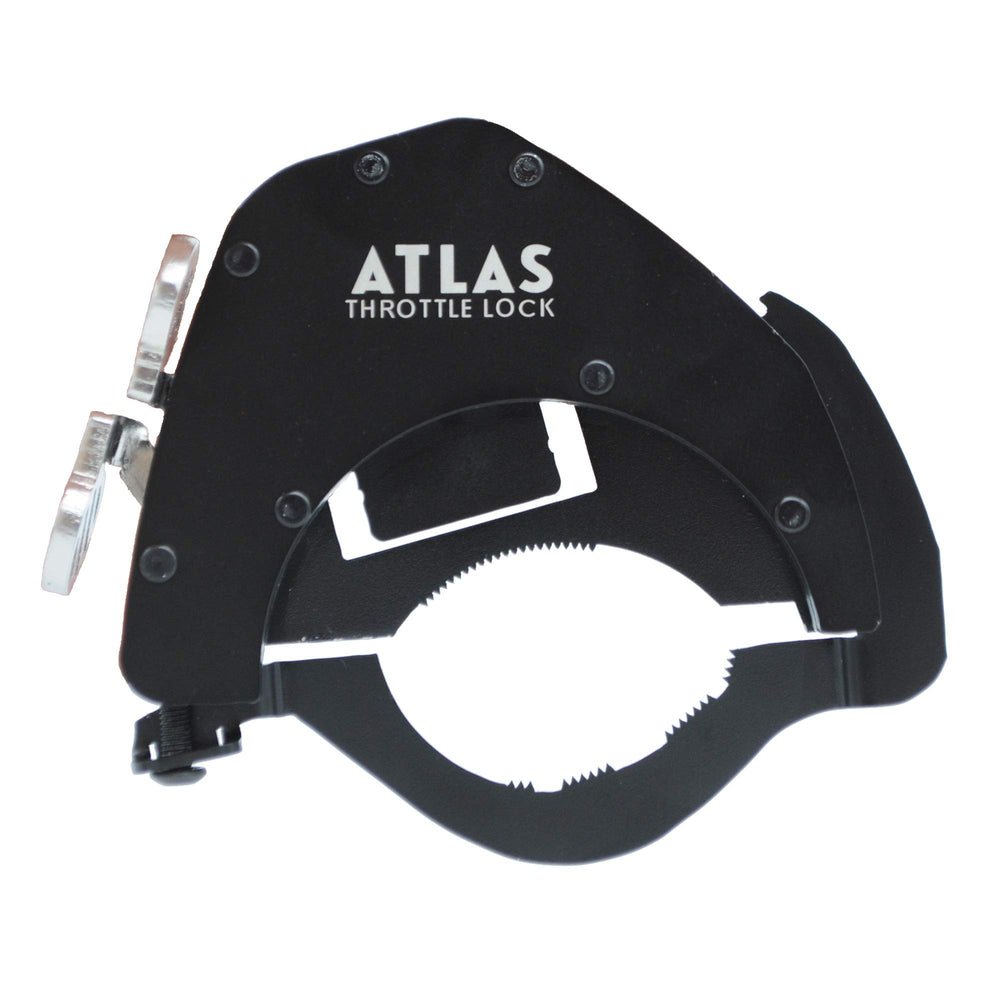 ATLAS Throttle Lock engaged on handlebars for steady highway cruising.