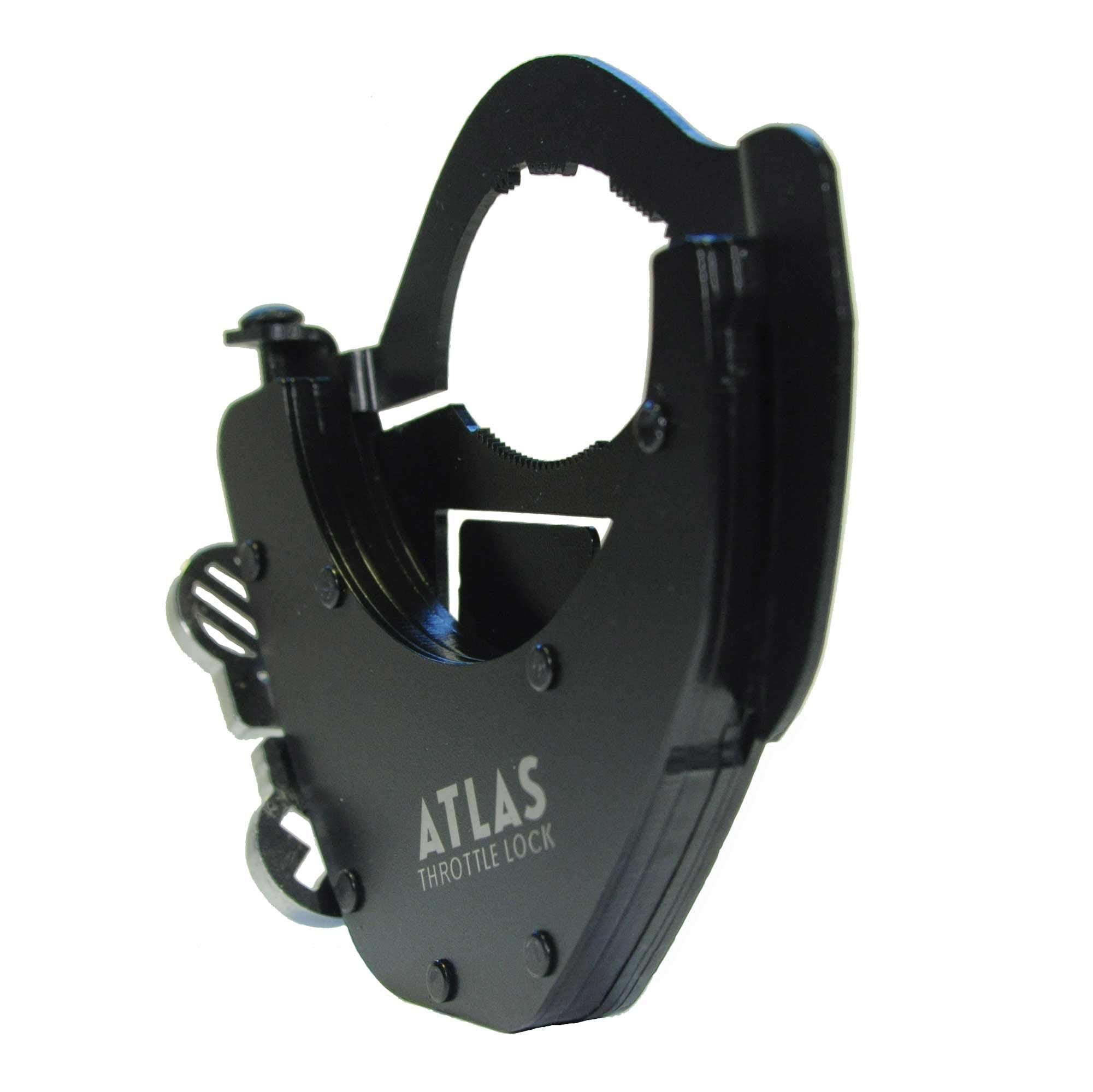 ATLAS Throttle Lock installed on motorcycle side view highlighting bolt-on design