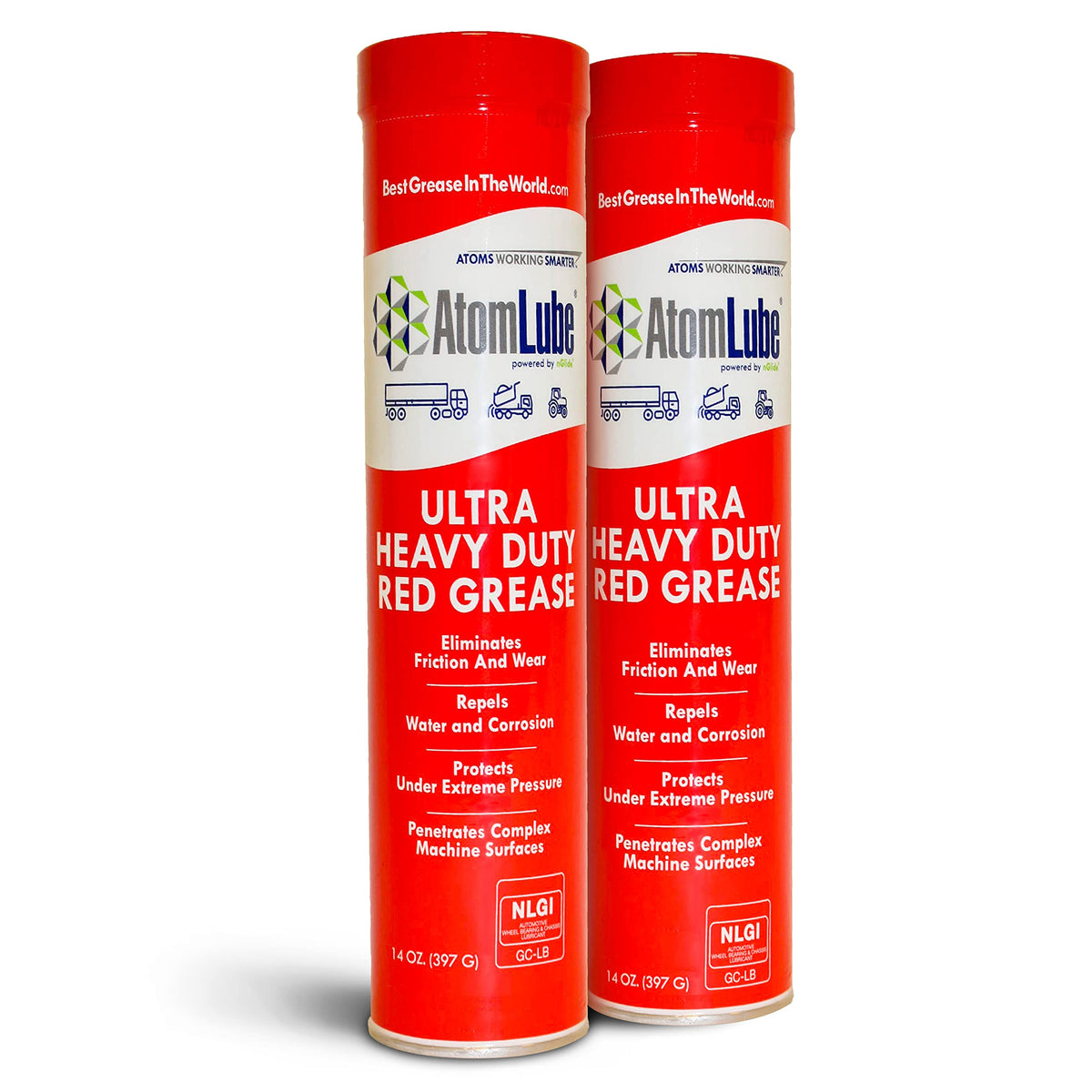 AtomLube Ultra Heavy Duty Red Grease 14oz tube front view highlights durable stay-in-place lubrication.