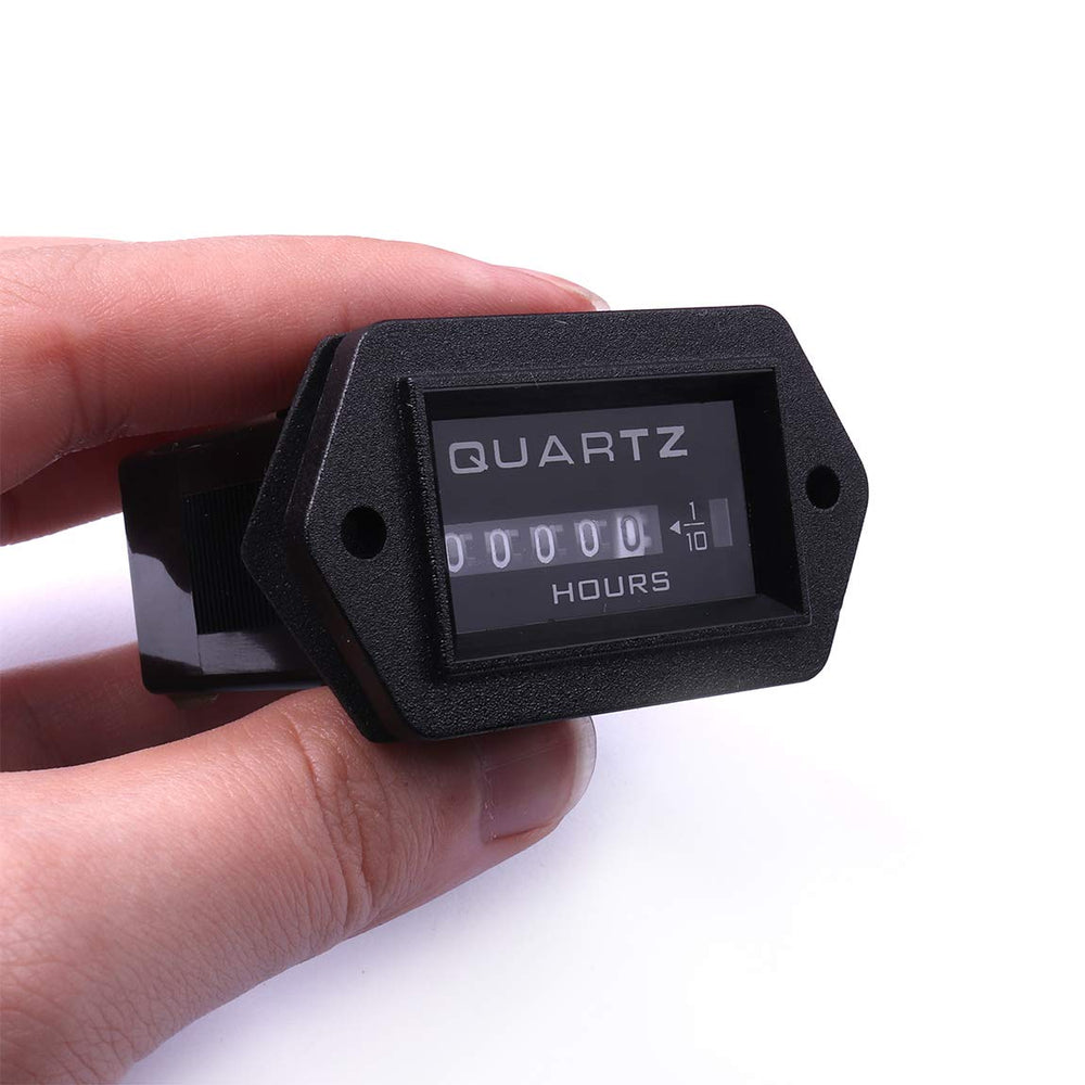 ATOPLEE hour meter with DC 12-36V connection, highlighting wide voltage compatibility