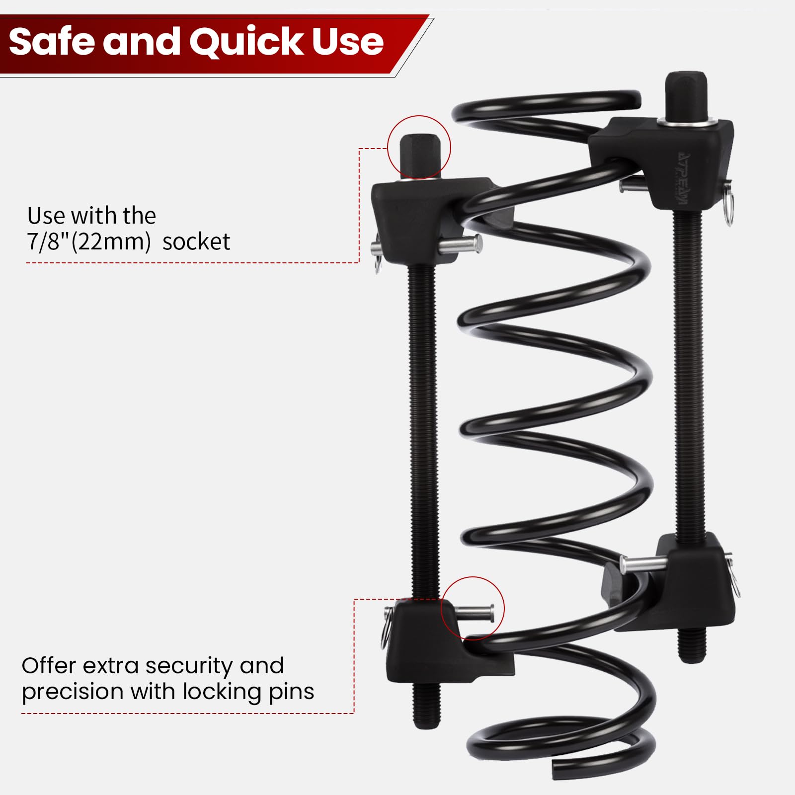 ATP MacPherson Strut Spring Compressor showing 180° hook placement for balanced pressure