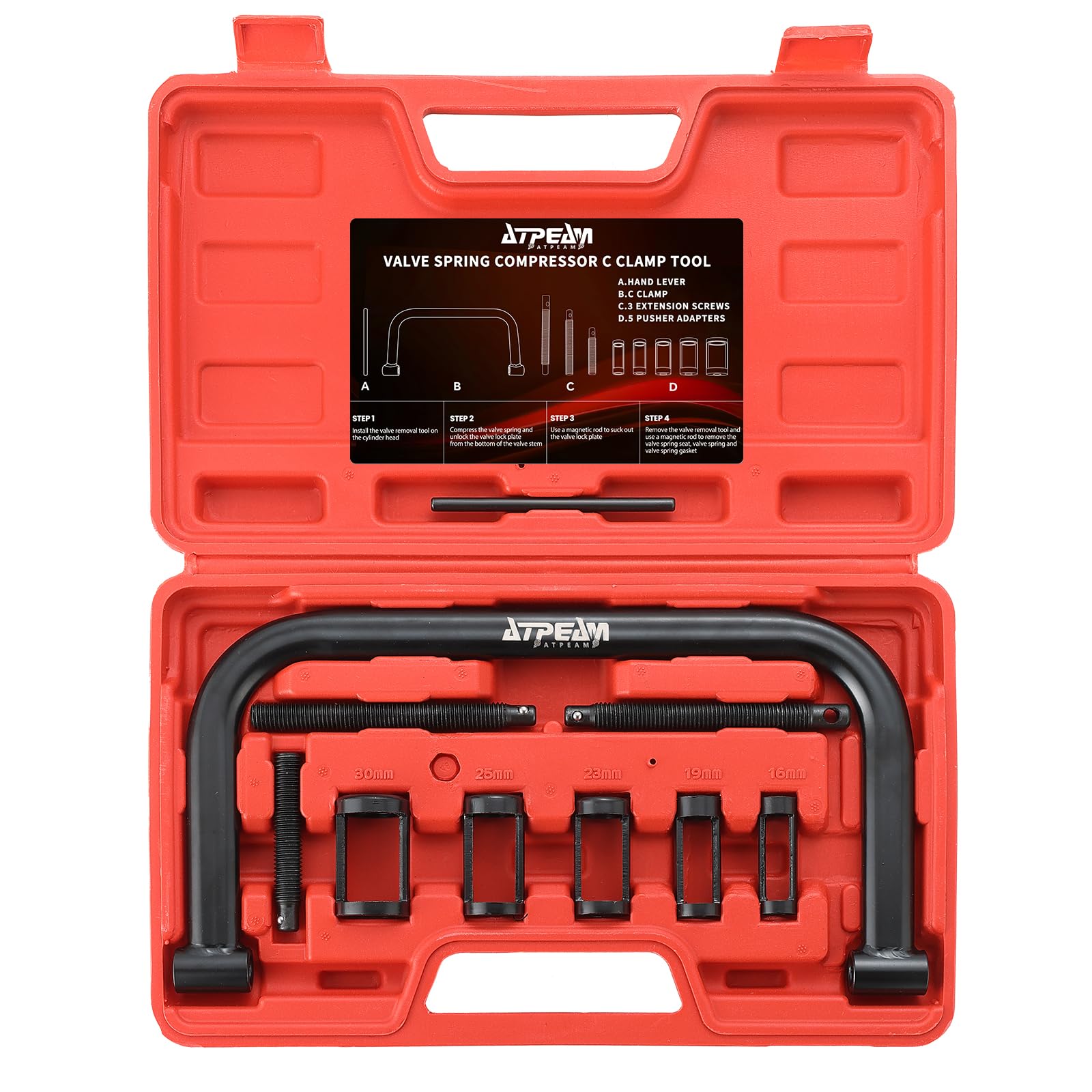 ATP Solid Valve Spring Compressor C Clamp tool kit in view, robust construction for heavy-duty use.