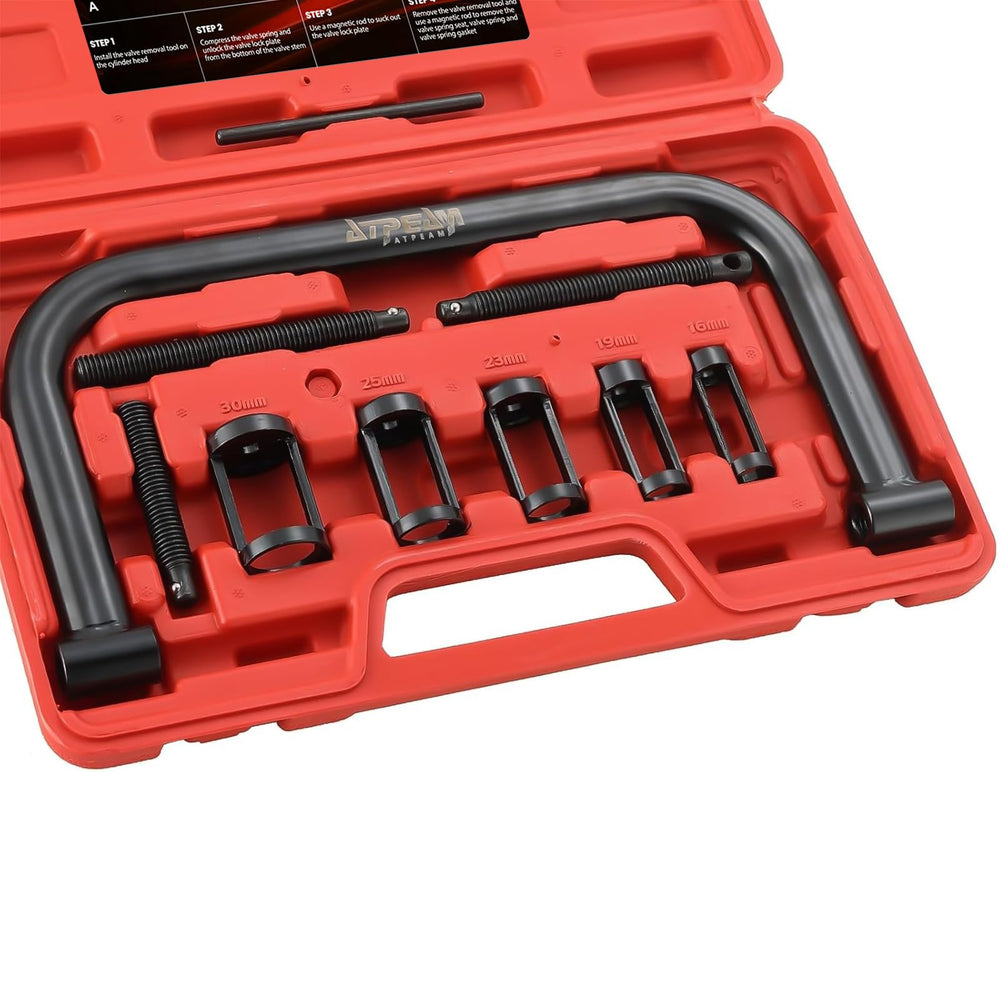 ATPEAM auto valve spring compressor set on motorcycle, enabling reliable valve compression.