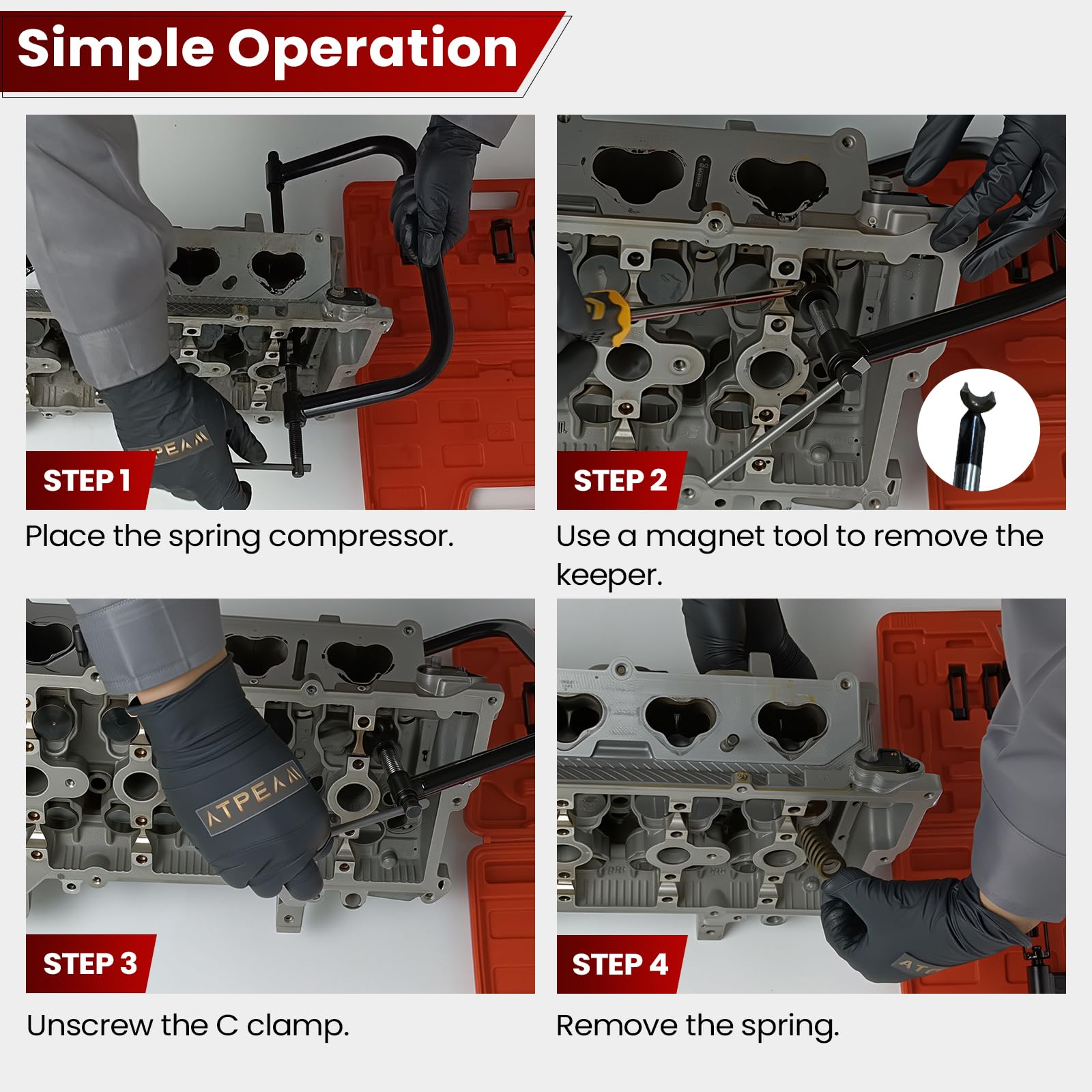 ATPEAM valve removal and installation tool in use on a cylinder head.
