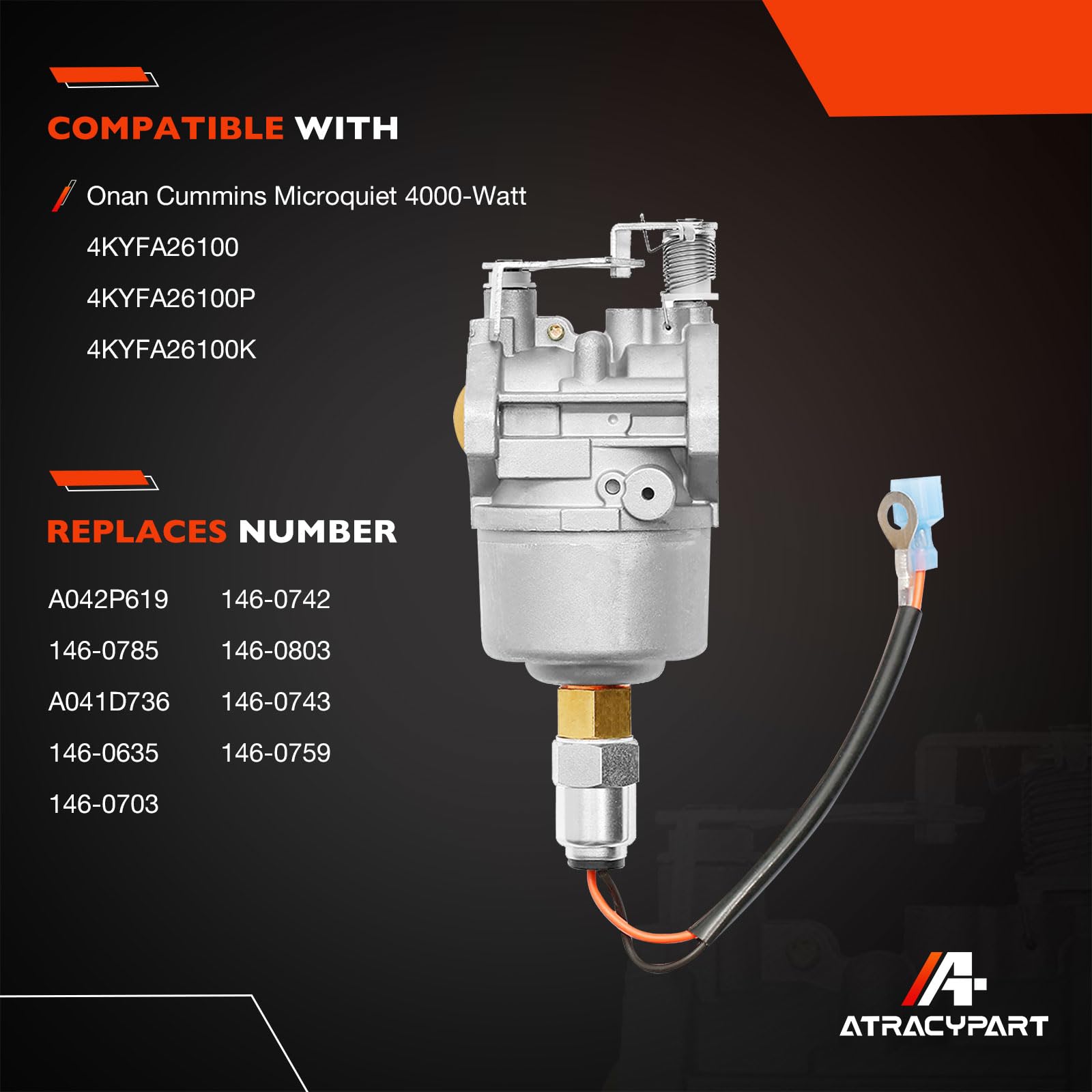ATRACYPART carburetor for Onan A041D736 side view highlights easy replacement and compatibility.