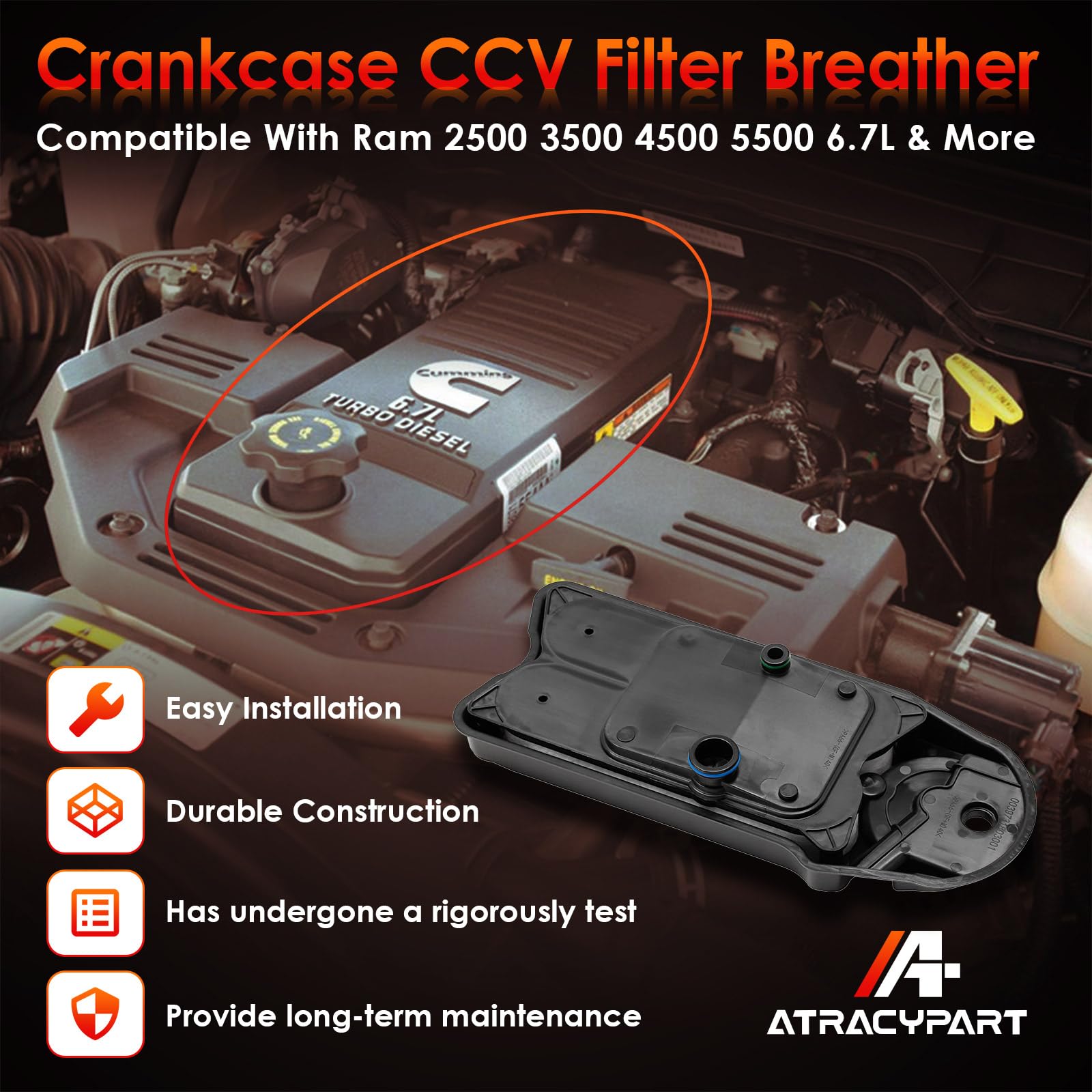 ATRACYPART CV52001 crankcase-filter closeup on housing highlights robust construction.