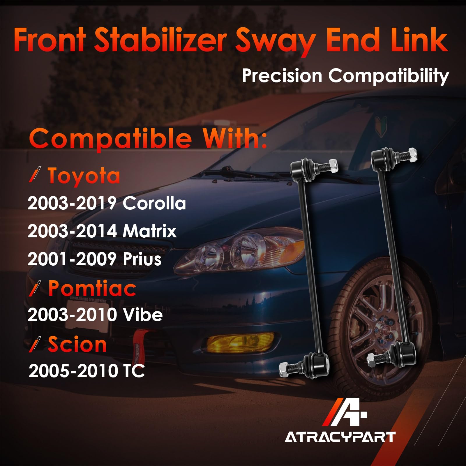 ATRACYPART front-sway-bar-link-closeup-metallic shows solid steel construction.