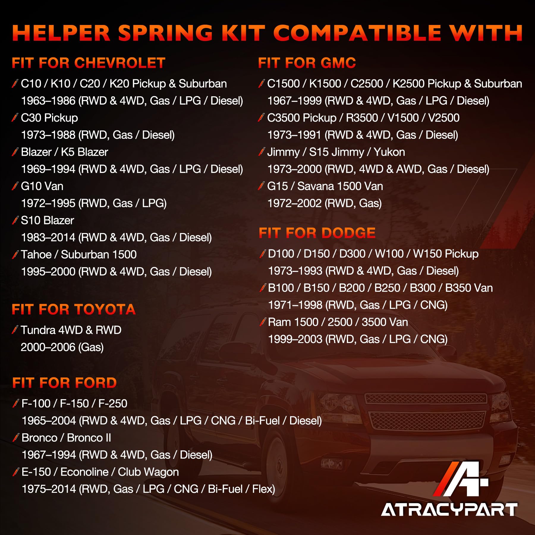 ATRACYPART helper spring kit mounted on leaf-spring pack to reduce sag during hauling.