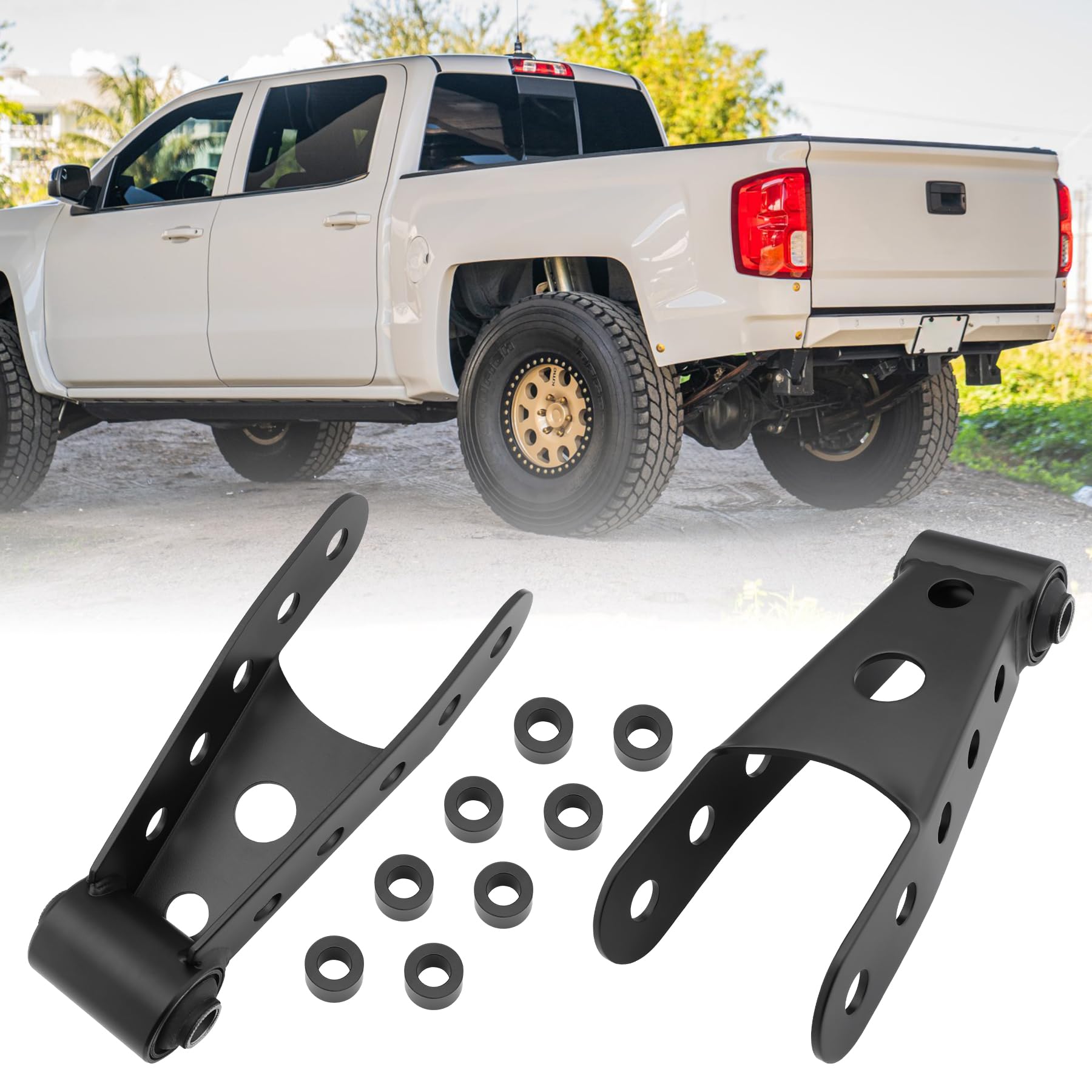 ATRACYPART lowering shackle kit shows 2-3 inch rear drop for Silverado and Sierra