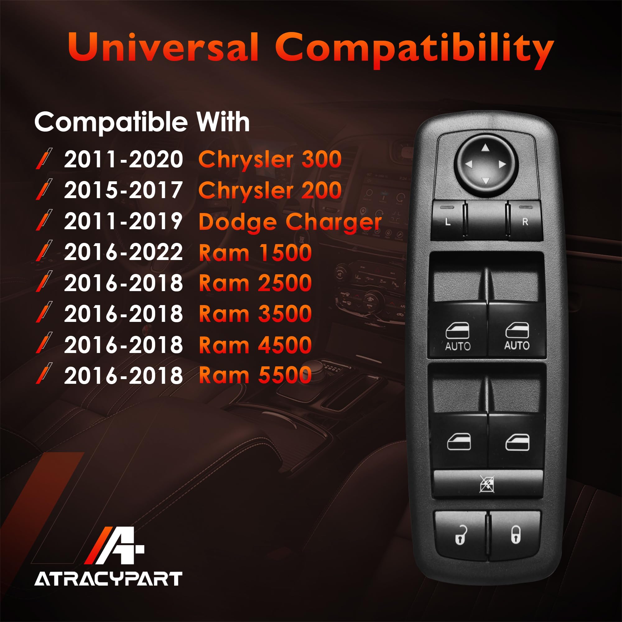 ATRACYPART driver-side switch shows Dodge Charger fitment with OEM-style button layout.