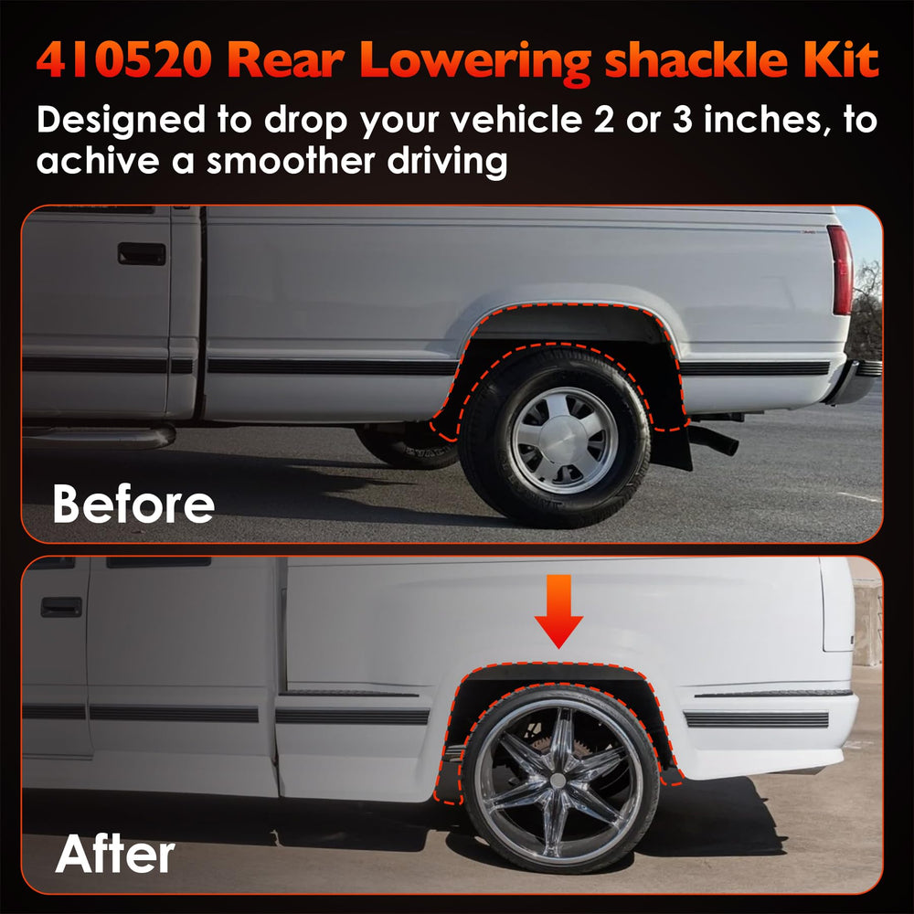 Rear-drop shackle installed on vehicle demonstrating revised ride height