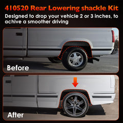 Rear-drop shackle installed on vehicle demonstrating revised ride height