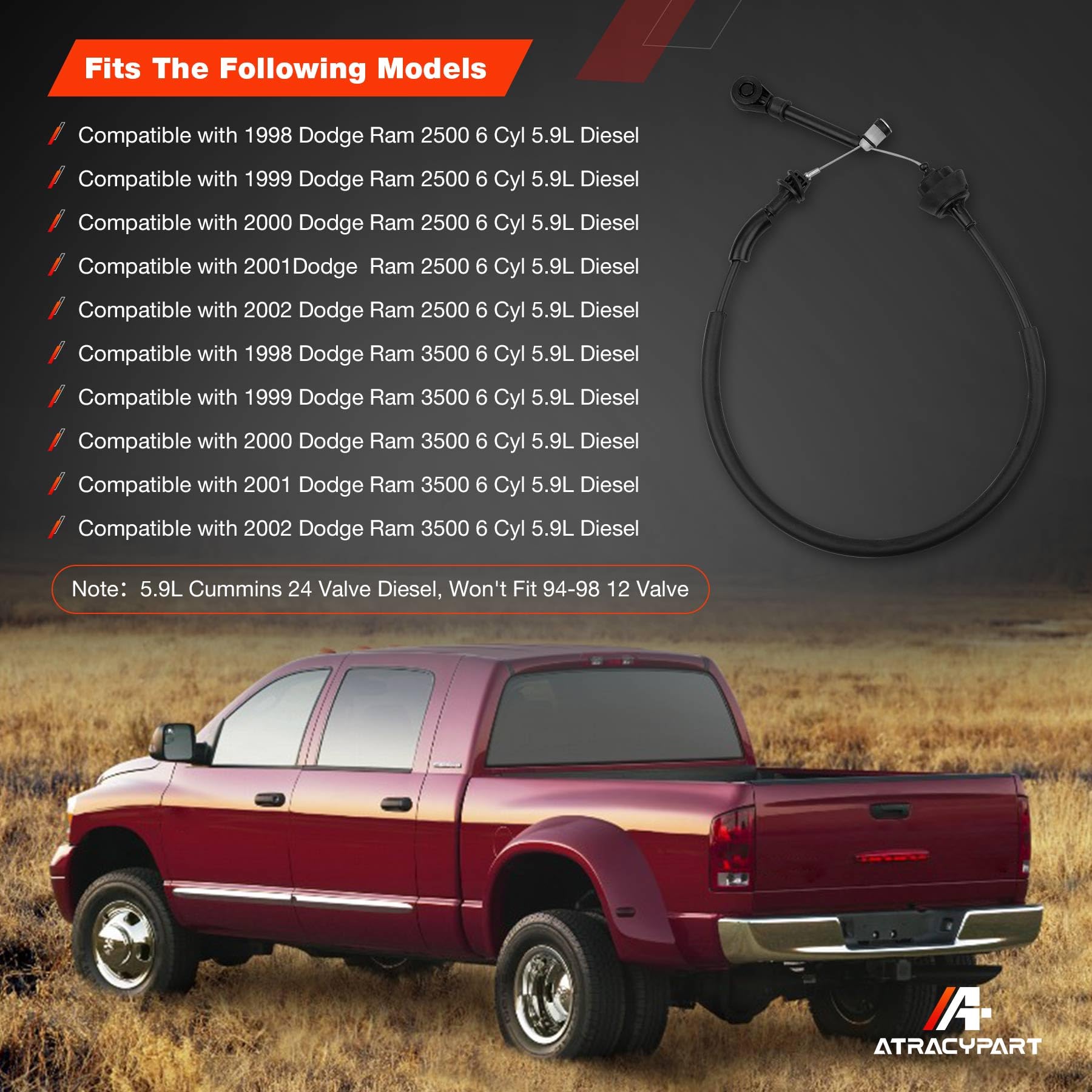 ATRACYPART throttle cable assembly for Dodge Ram 5.9L enables precise accelerator control.