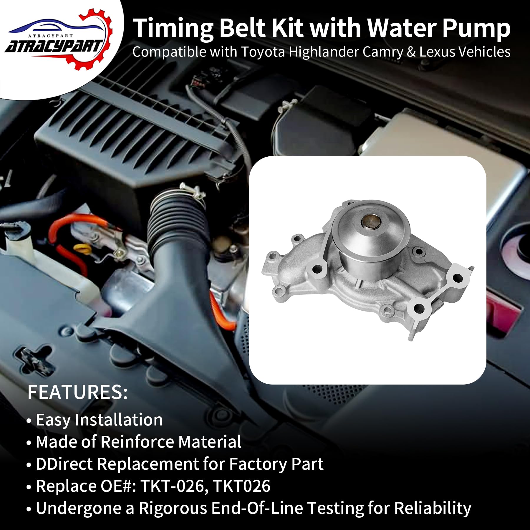 ATRACYPART timing belt kit water pump closeup showing precision belt and pump