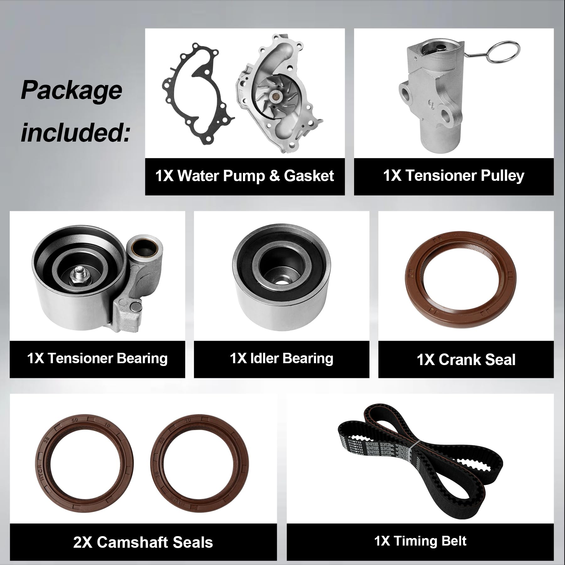 ATRACYPART timing belt kit water pump components laid out with clear labeling
