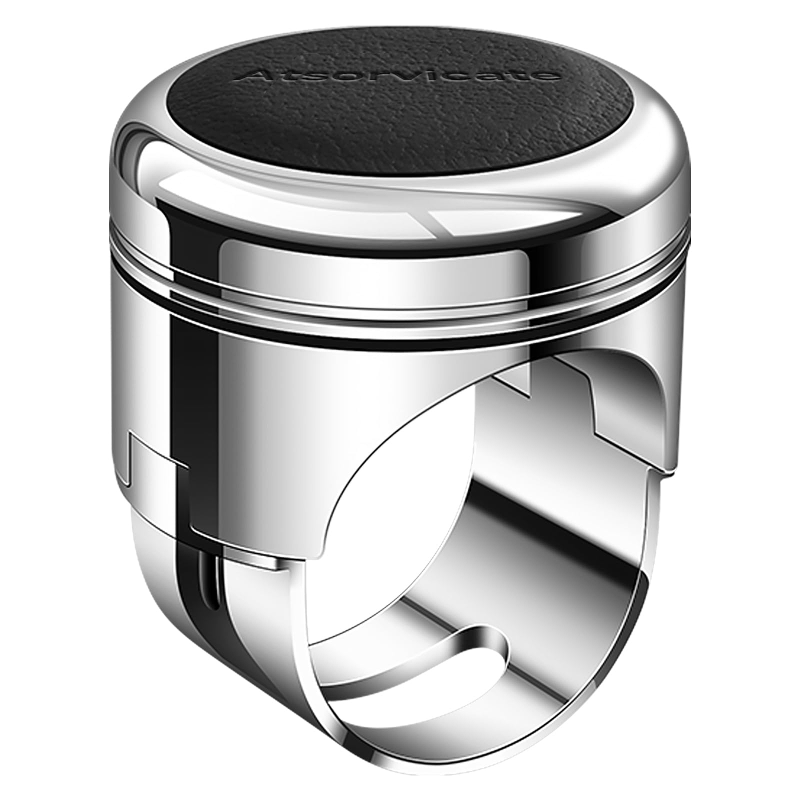 Atsorvicate steering wheel knob with black cowhide grip for comfortable one-handed steering.