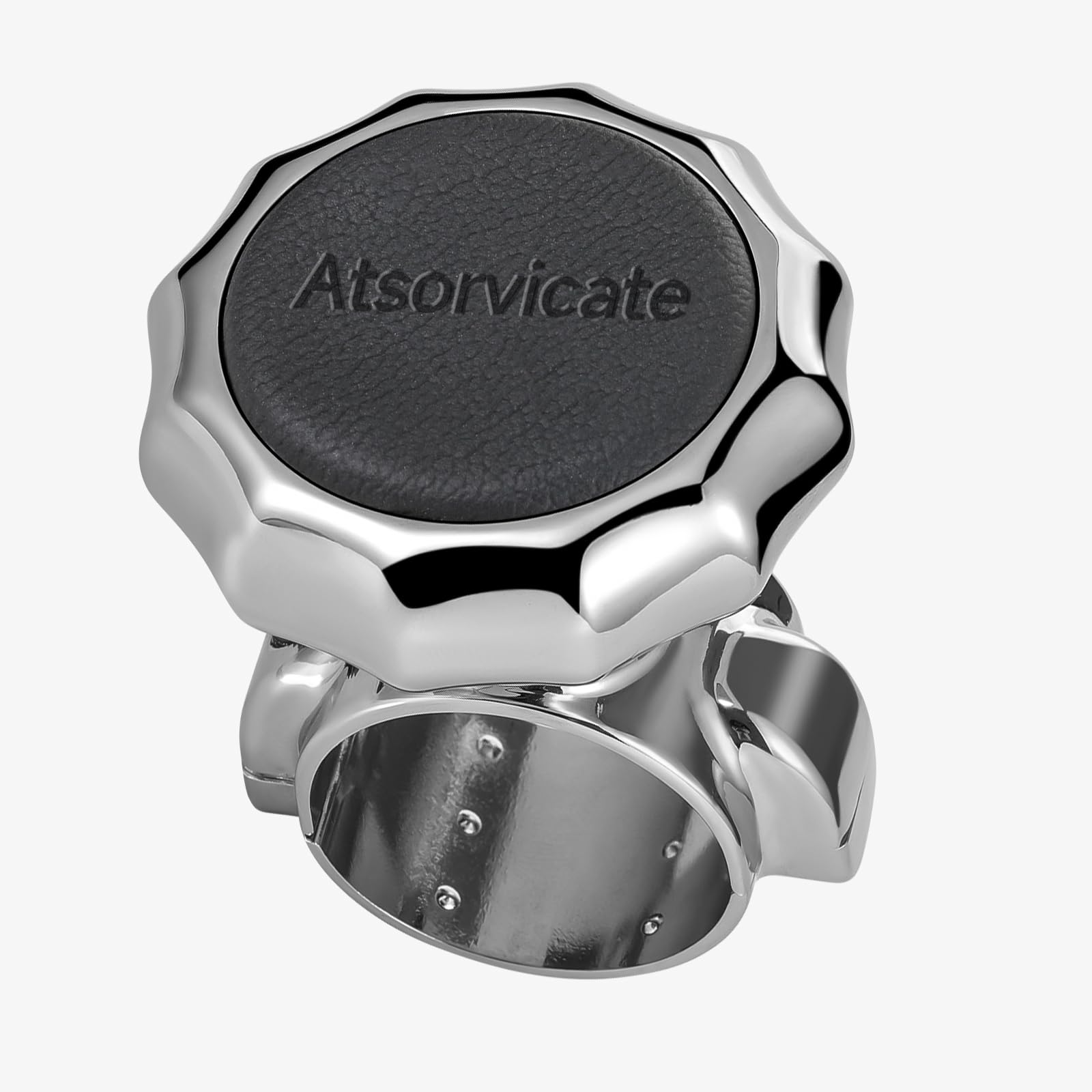 Atsorvicate steering wheel knob with metal body and cowhide grip for durable control.