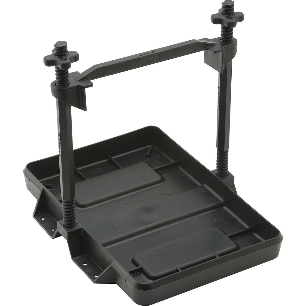 Attwood 9097-5 battery tray front view shows rugged all-plastic, rust-proof design for Group 24.