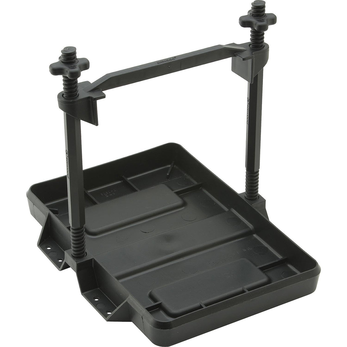 Attwood 9097-5 battery tray front view shows rugged all-plastic, rust-proof design for Group 24.