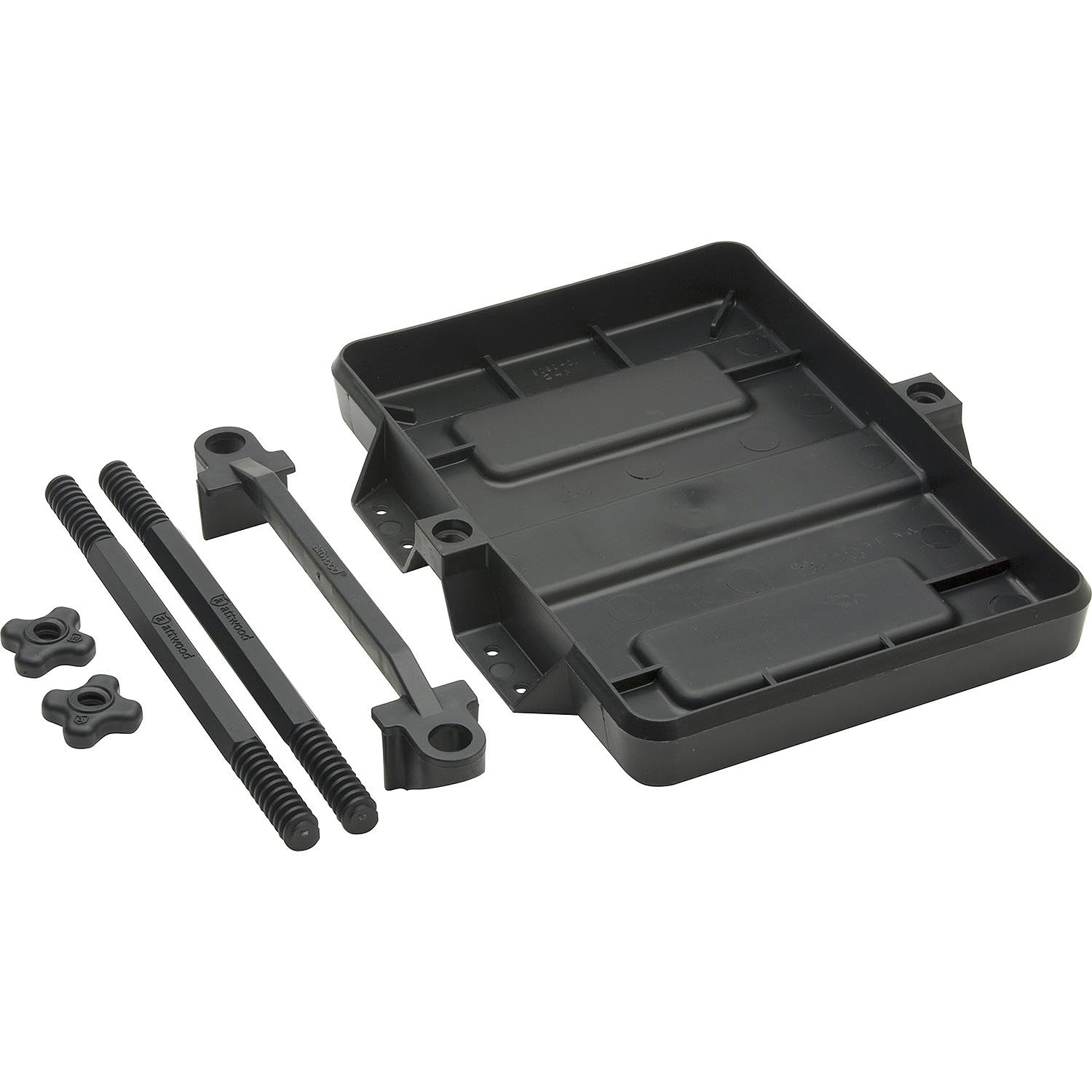 Attwood 9097-5 battery tray side view emphasizes adjustable height and easy installation.