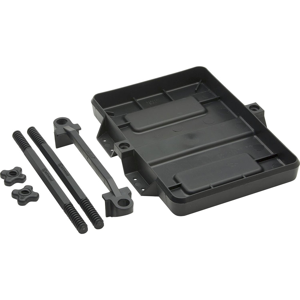 Attwood 9097-5 battery tray side view emphasizes adjustable height and easy installation.