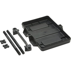 Attwood 9097-5 battery tray side view emphasizes adjustable height and easy installation.