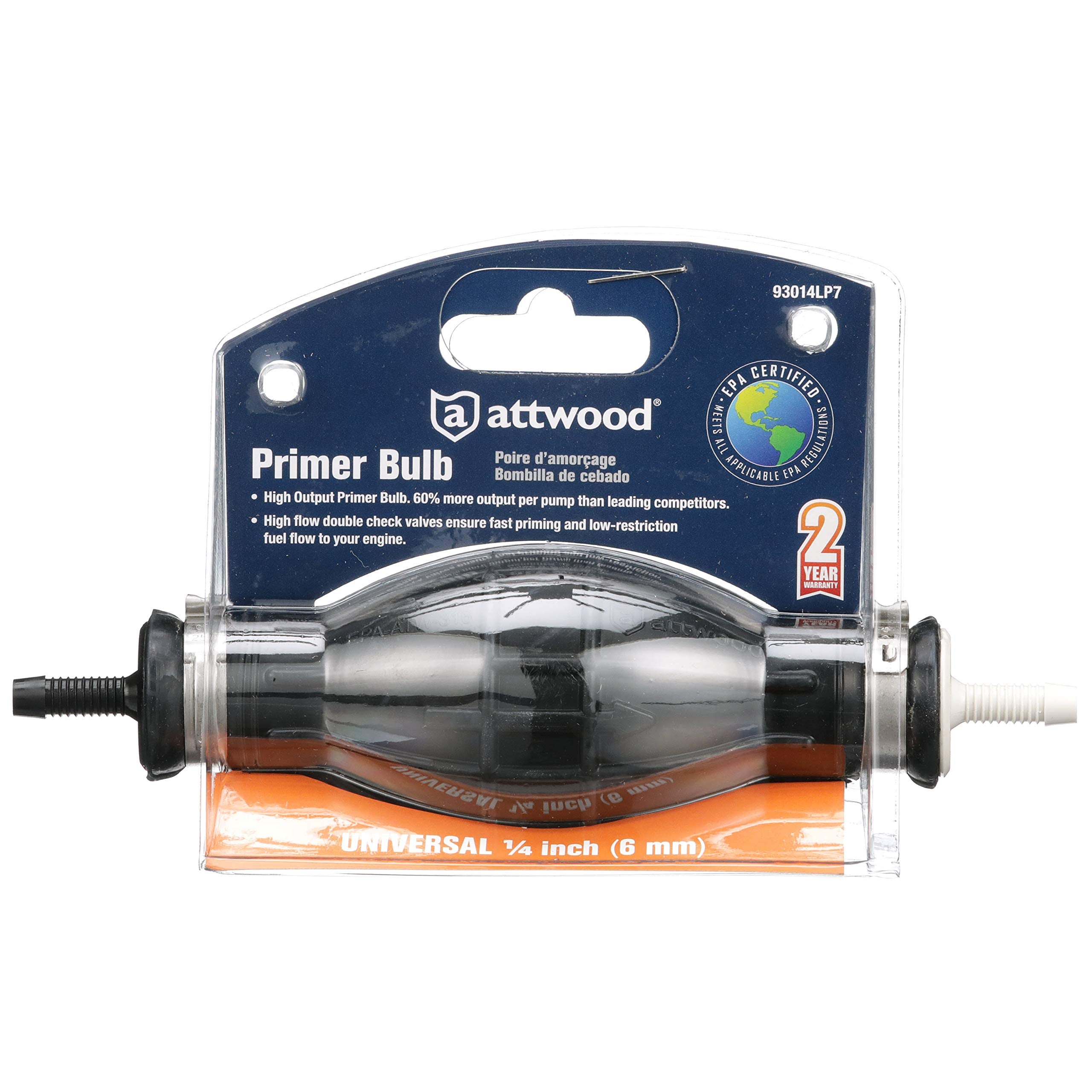 Attwood marine primer bulb in use on outboard engine for quick starts.