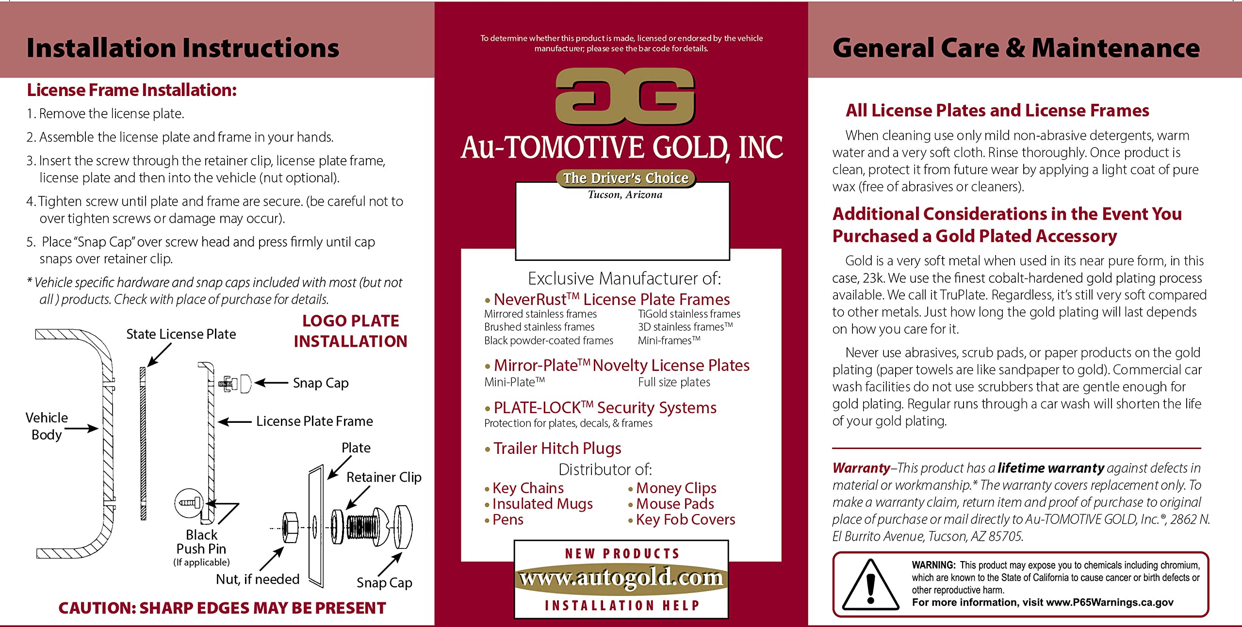 AU-TOMOTIVE GOLD display-only Jeep license frame showing precise 6.25 x 12.25 inches
