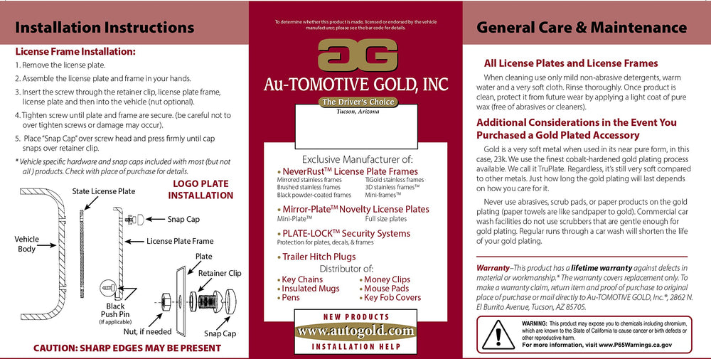 AU-TOMOTIVE GOLD display-only Jeep license frame showing precise 6.25 x 12.25 inches