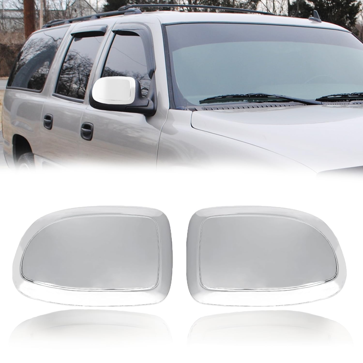 AUCERAMIC chrome mirror cover cap front view, fast stick-on upgrade