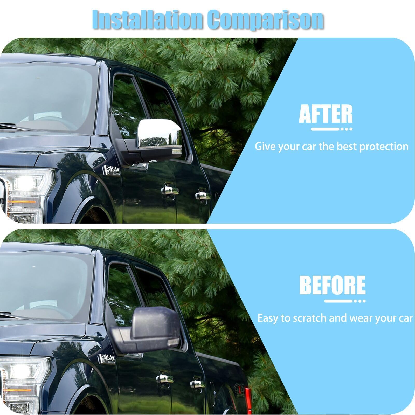 AUCERAMIC mirror cover overlay for Ford F-150 2015-2020 with quick, tool-free fit.