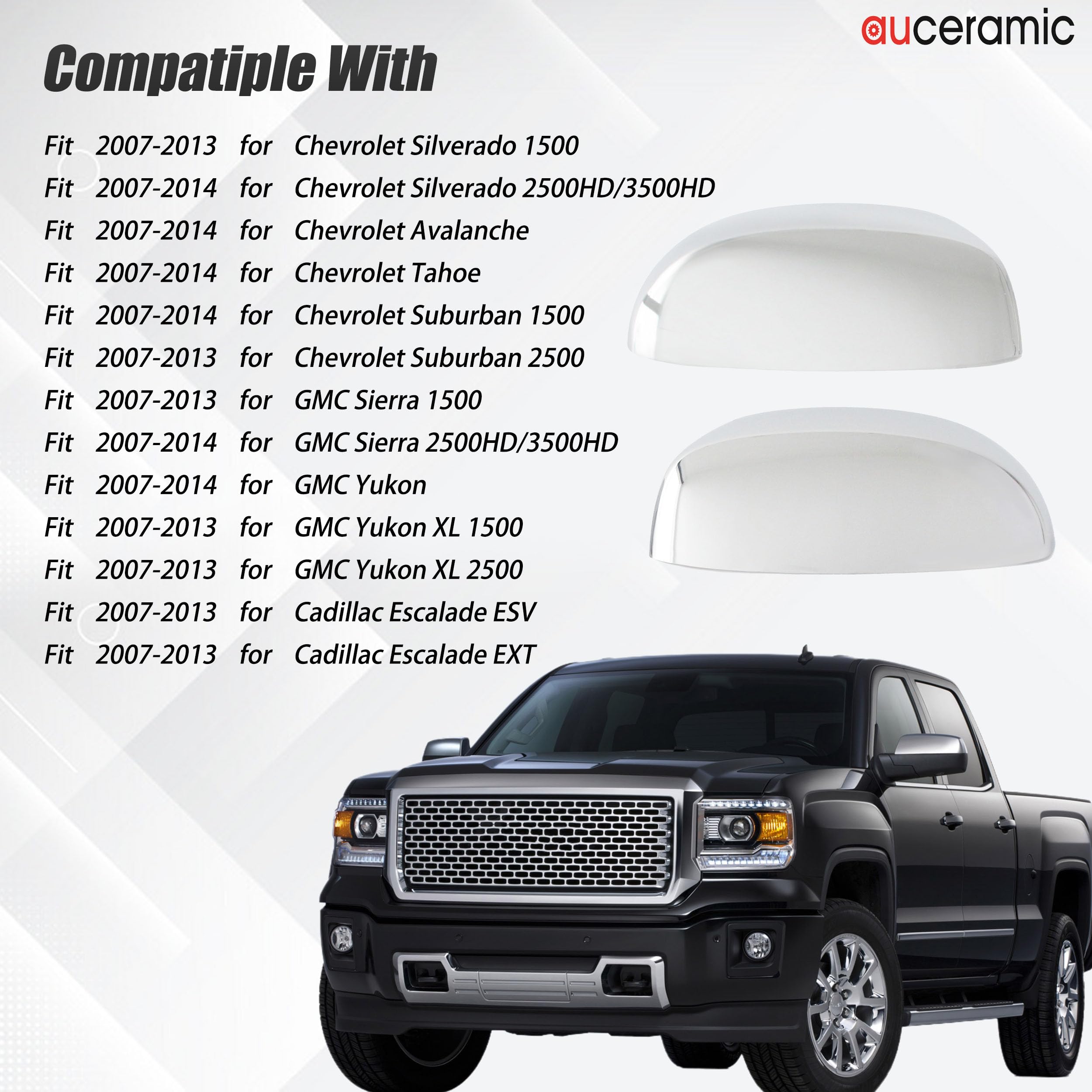 AUCERAMIC chrome upper mirror caps provide a premium, durable finish.