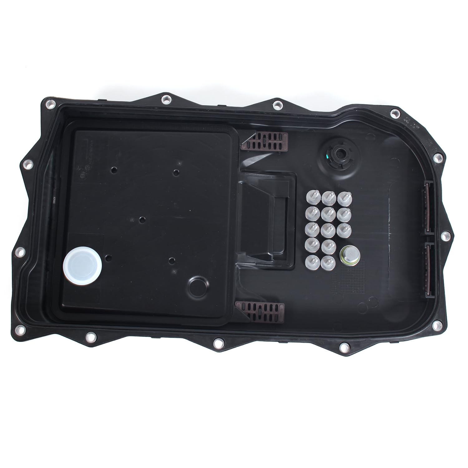 AUCERAMIC oil pan side view with gasket ready for installation in BMW transmission.