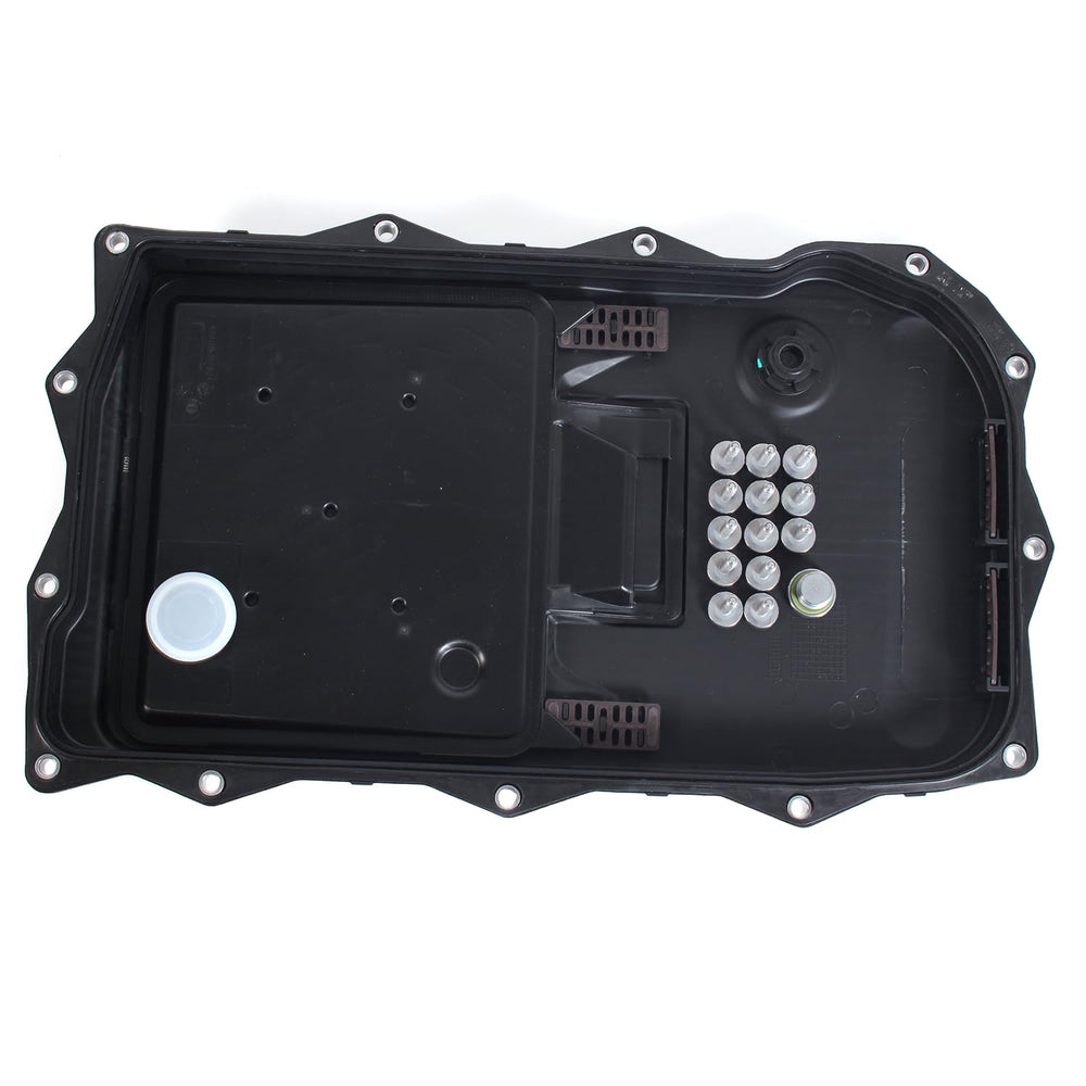 AUCERAMIC oil pan side view with gasket ready for installation in BMW transmission.