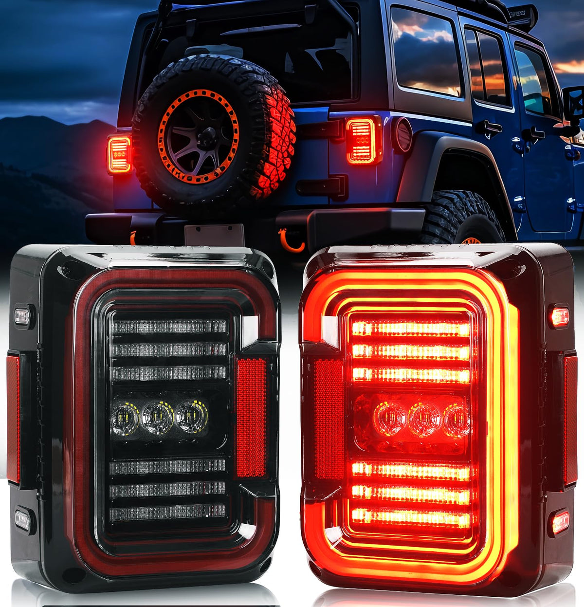 AUDEXEN Jeep Wrangler LED tail light with clear lens and C-shaped design for visibility.