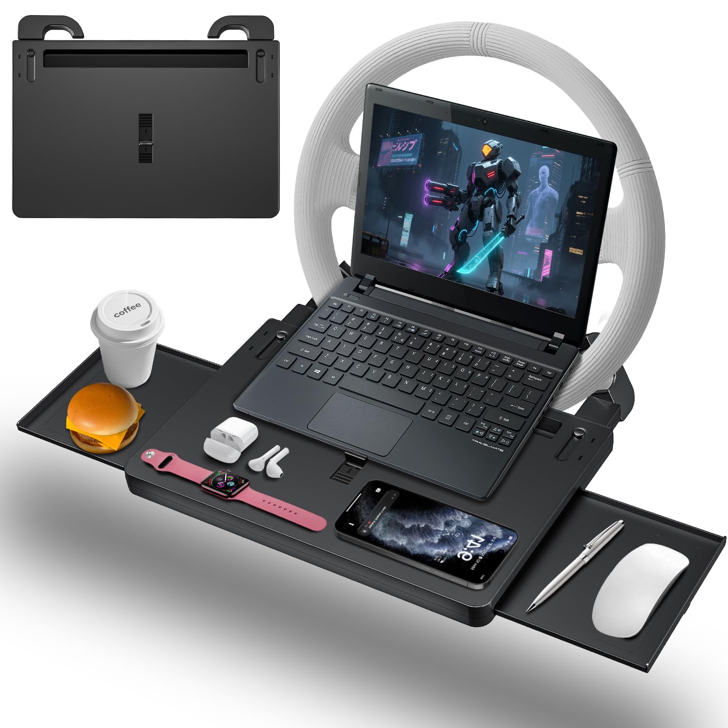AUEOTUAR steering-wheel tray with drawer for organized on-the-go meals and snacks.