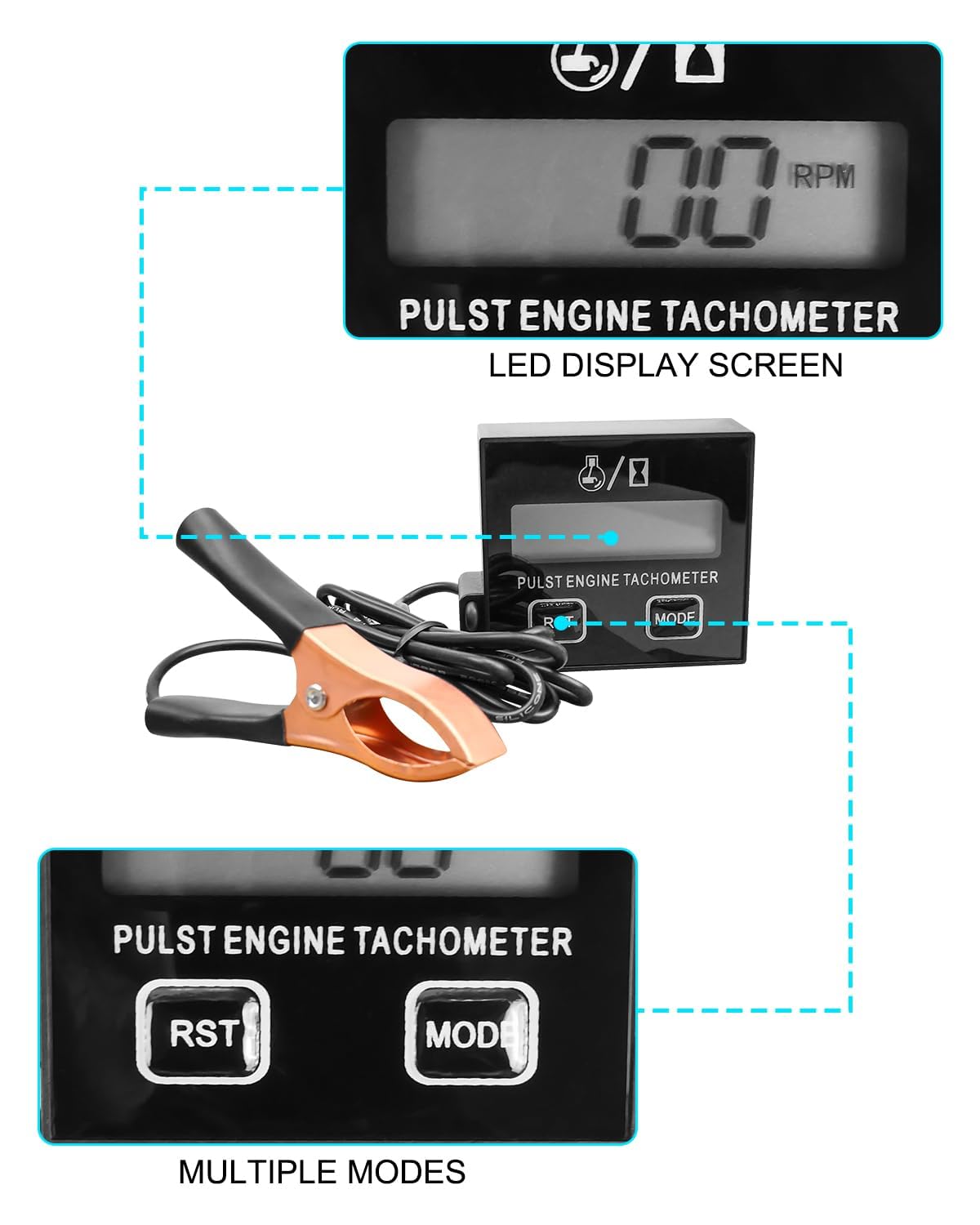 AUGREX tachometer reset button clears total hours and maintenance time.