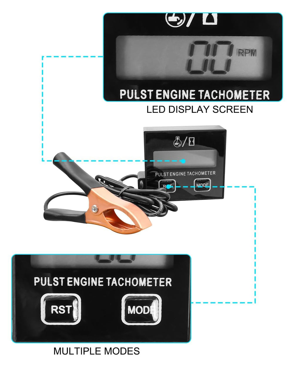 AUGREX tachometer reset button clears total hours and maintenance time.