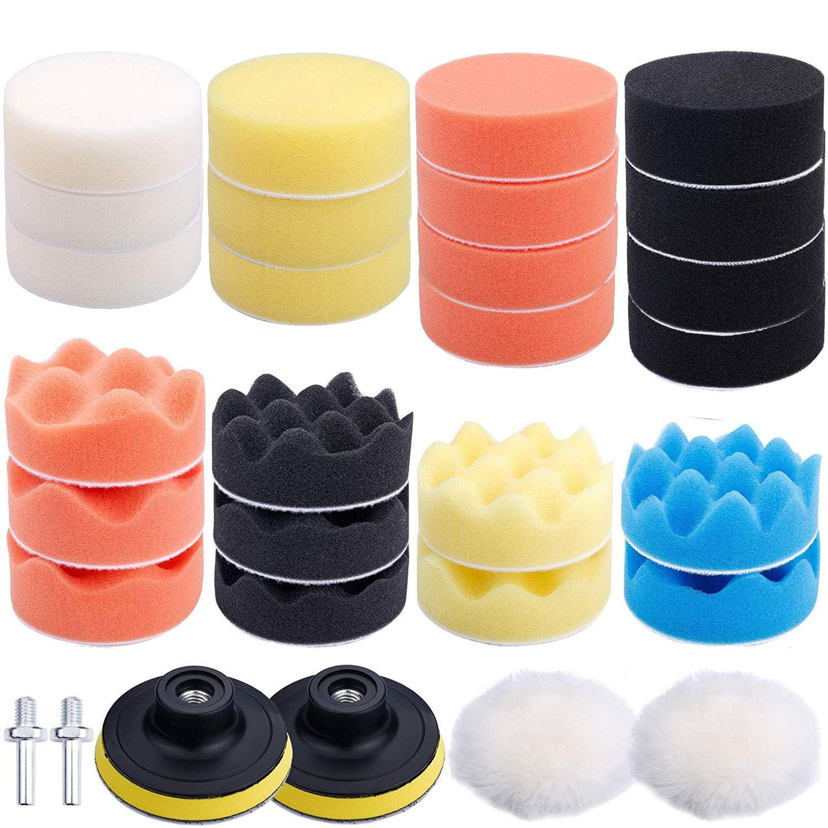 Augshy foam polishing pads in multiple colors for versatile car detailing.