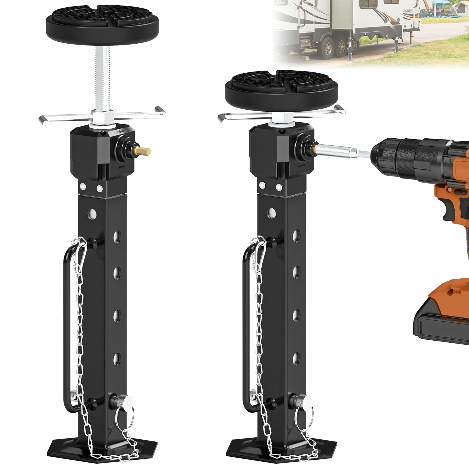 AUH adjustable camper slide-out jack with rubber pad stabilizes an RV on uneven ground