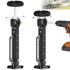 AUH adjustable camper slide-out jack with rubber pad stabilizes an RV on uneven ground