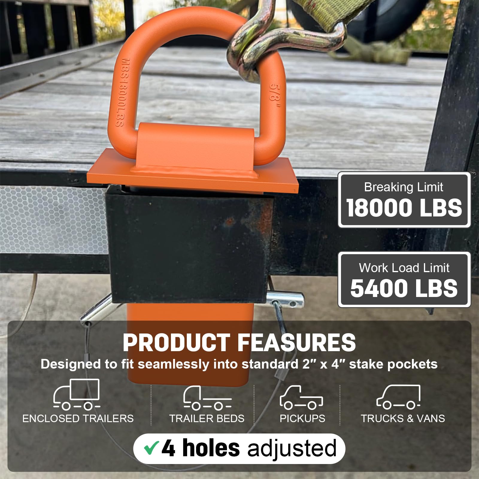 AUH orange trailer D-ring installed in stake pocket.