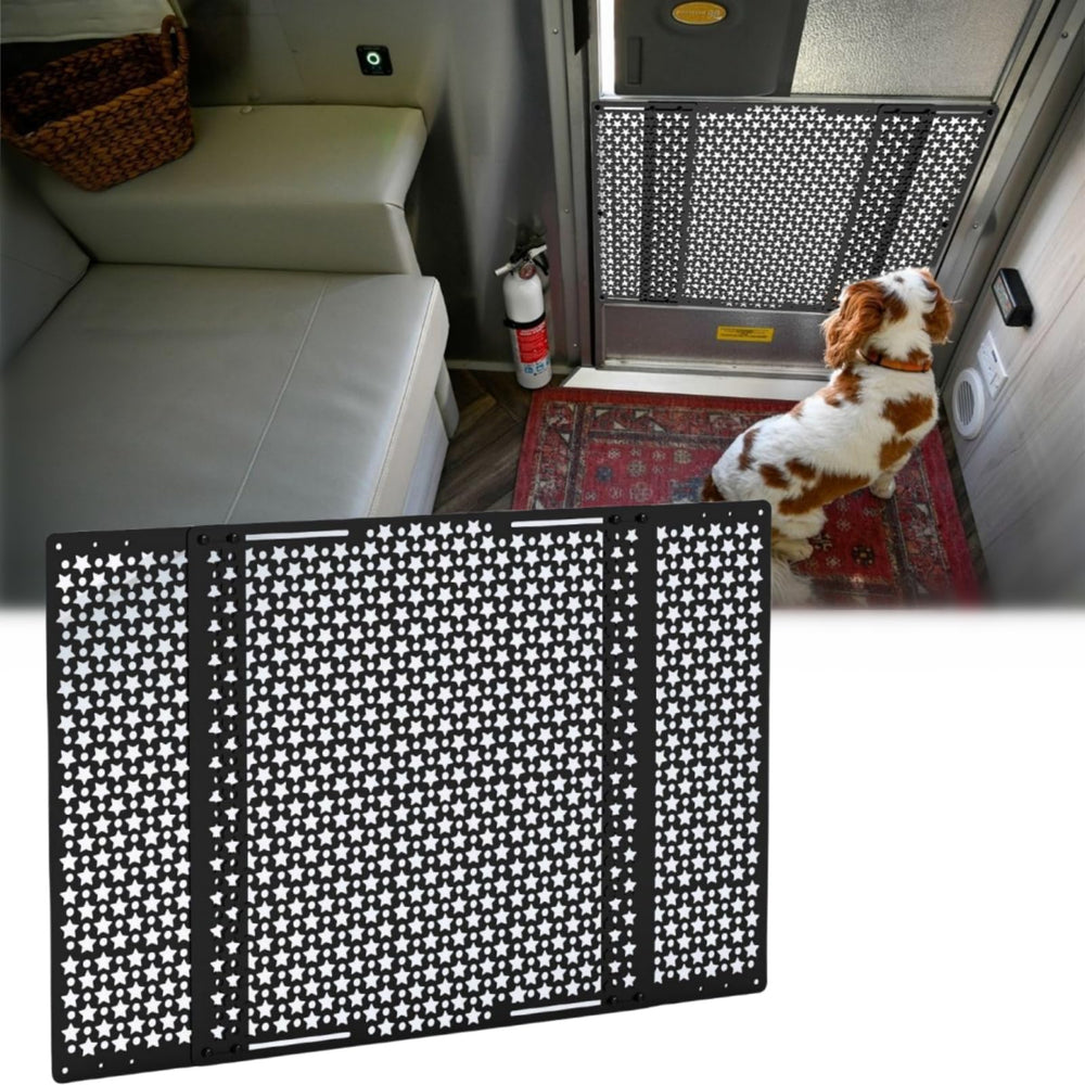 AUH RV screen door protector installed on an entry door guarding pets and preventing damage