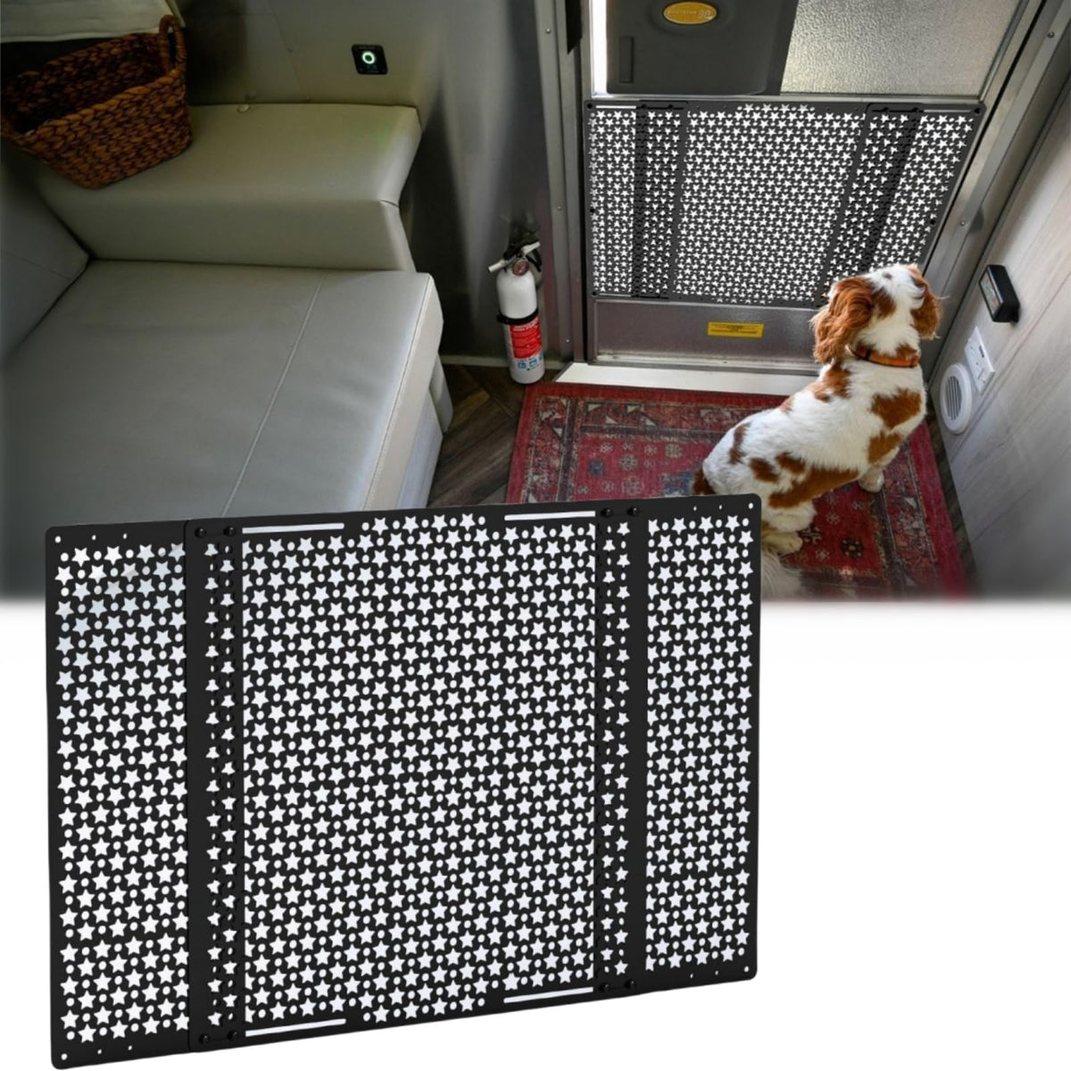 AUH RV screen door protector installed on an entry door guarding pets and preventing damage