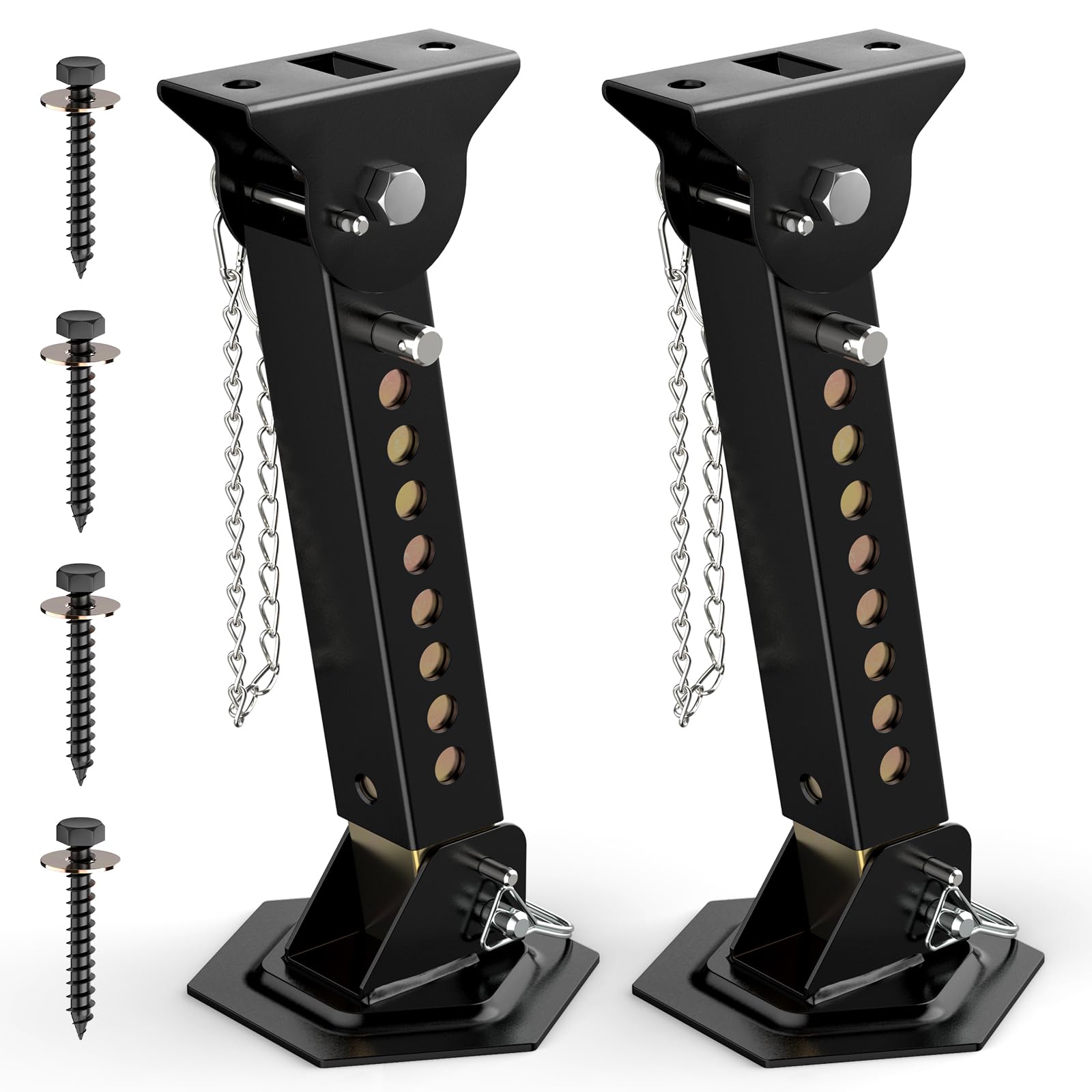 AUH telescoping trailer stabilizer jack extended to 18 inches for improved slide-out stability.