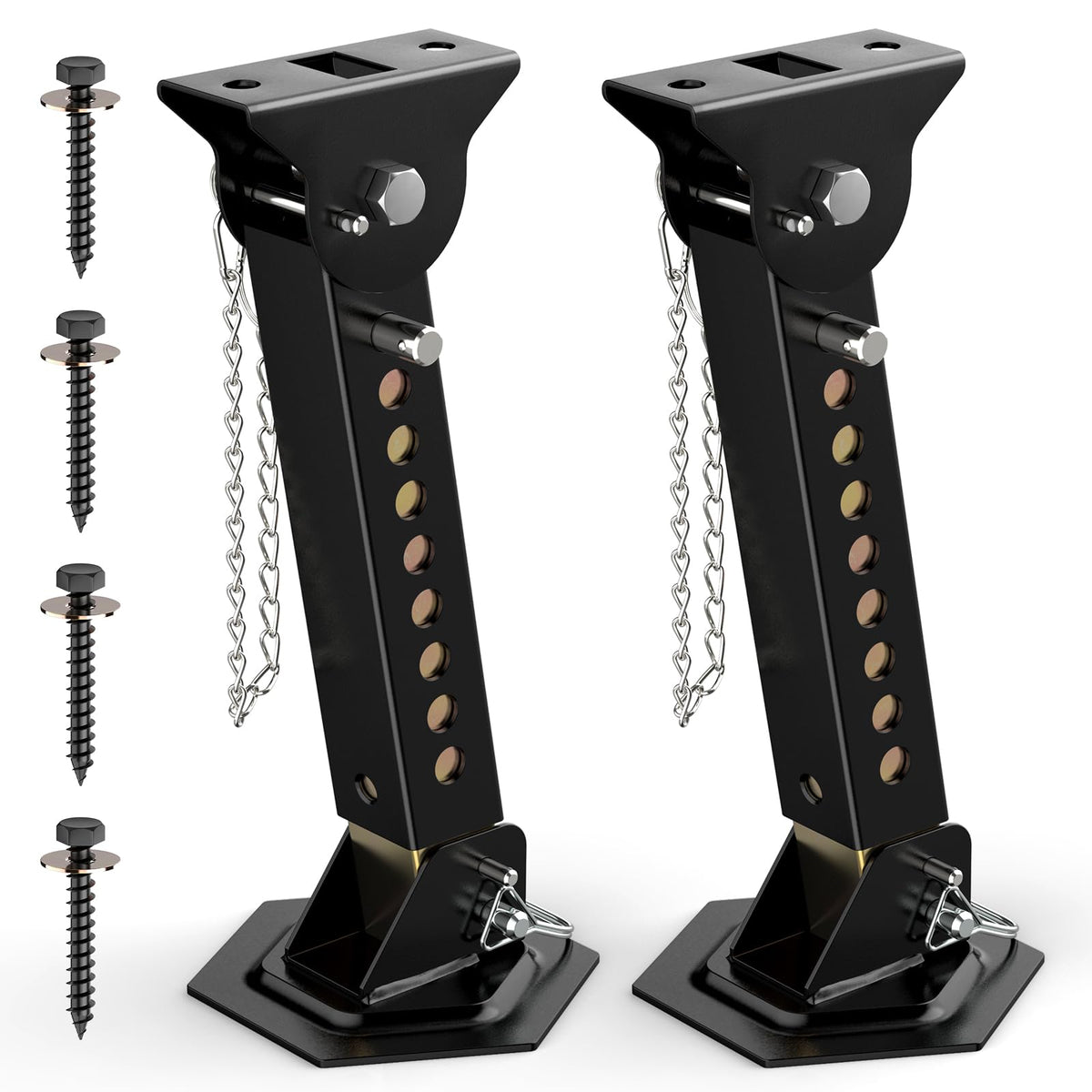 AUH telescoping trailer stabilizer jack extended to 18 inches for improved slide-out stability.